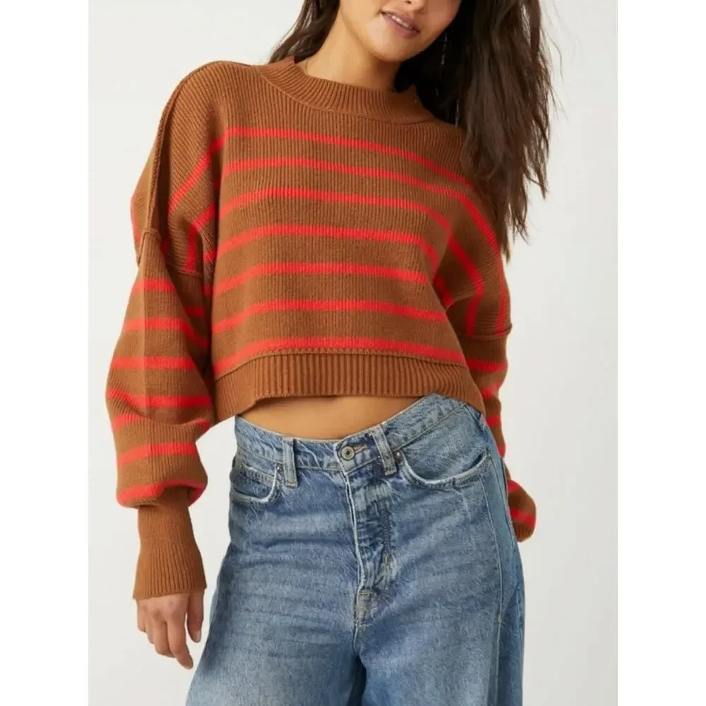 Free People Easy Street Stripe Crop Pullover Sweater Brown Orange Medium